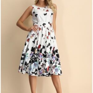 Elegant Butterfly Print White Swing Dress NWT